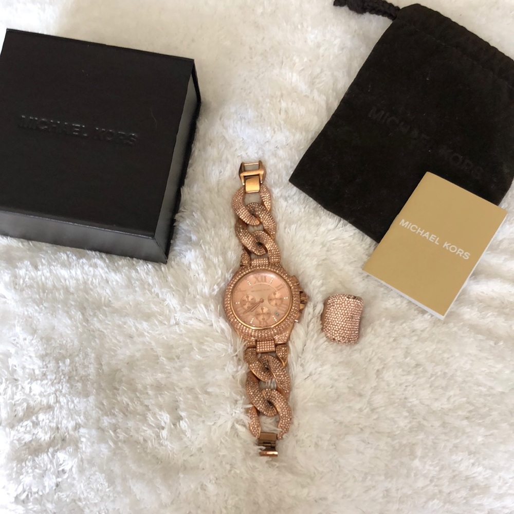 Michael Kors Rose Gold ring and watch set.